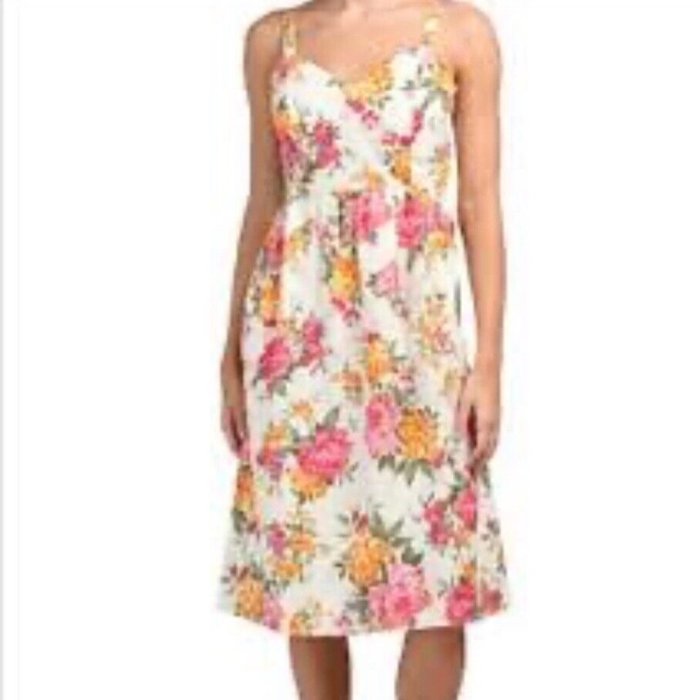 Cynthia Rawley Floral 100% Linen Dress with Pockets Size 8